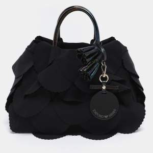 Pre Owned Emporio Armani Black Scalloped Applique Fabric Tote