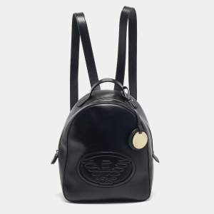 Pre Owned Emporio Armani Black Faux Leather Small Logo Backpack