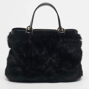 Pre Owned Emporio Armani Black Rabbit Fur and Patent Leather Satchel