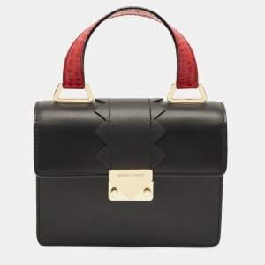 Pre Owned Emporio Armani Black/Red Croc Embossed and Leather Metal Flap Top Handle Bag