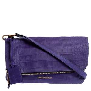Pre Owned Emporio Armani Purple Croc Emboseed Leather Fold Over Shoulder Bag