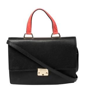 Emporio Armani Black Leather And Croc Embossed Leather Pushlock Flap Top Handle 
