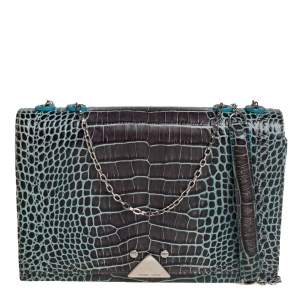 Pre Owned Emporio Armani Blue/Black Croc Embossed Leather Flap Crossbody Bag