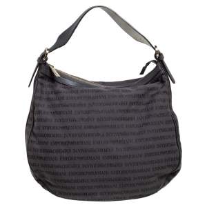 Emporio Armani Grey Signature Canvas and Leather Zip Hobo