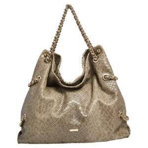 Emporio Armani Green Glittery Snakeskin Embossed Leather Chain Detail Hobo