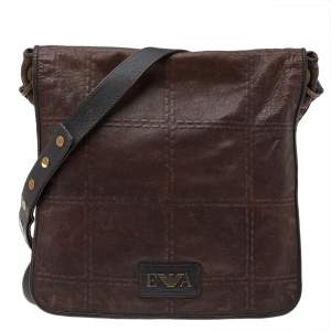 Emporio Armani Dark Brown Leather Flap Messenger Bag