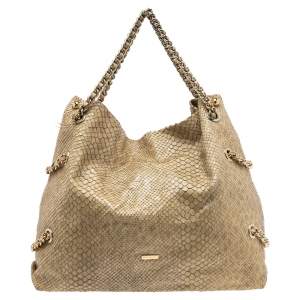 Emporio Armani Beige Glittery Snakeskin Embossed Leather Chain Detail Hobo