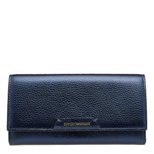 Emporio Armani Metallic Navy Blue Leather Continental Wallet