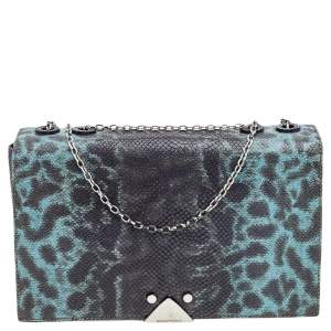 Pre Owned Emporio Armani Blue Snake Embossed Leather Flap Shoulder Bag