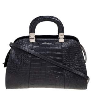 Emporio Armani Black Croc Embossed Leather Dome Satchel