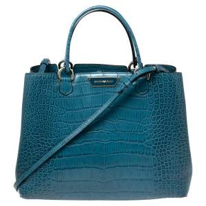 Pre Owned Emporio Armani Ocean Blue Croc Embossed Leather New Beverly Tote