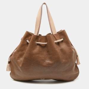 Pre Owned Emporio Armani Brown/Peach Embossed Leather Drawstring Tassel Shoulder Bag