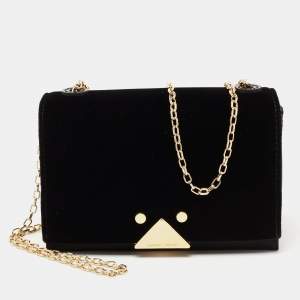 Pre Owned Emporio Armani Black Velvet and Satin Flap Chain Shoulder Bag