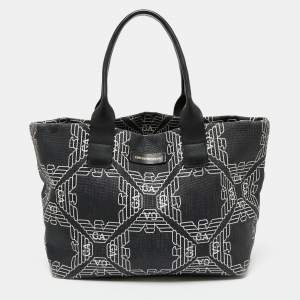 Pre Owned Emporio Armani Black/White Signature Raffia and Leather Tote