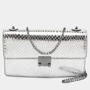 Pre Owned Emporio Armani Metallic Silver Python Embossed Leather Clutch