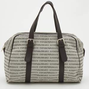 Emporio Armani Light Grey/Brown Logo Print Canvas And Leather Boston Bag