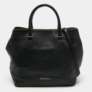 Pre Owned Emporio Armani Black Leather Top Zip Tote