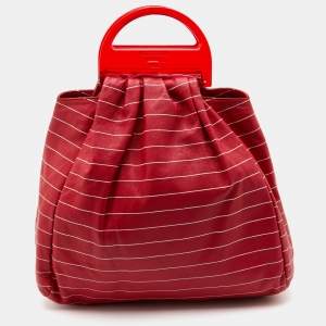 Emporio Armani Red Stripe Print Leather Top Handle Bag