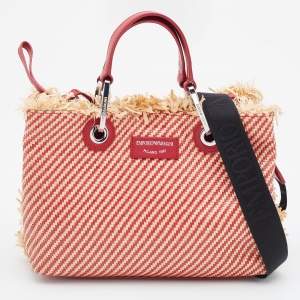 Pre Owned Emporio Armani Beige/Red Woven Raffia and Leather Tote