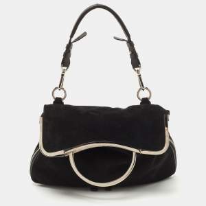 Pre Owned Emporio Armani Black Leather Frame Fold Over Expandable Bag