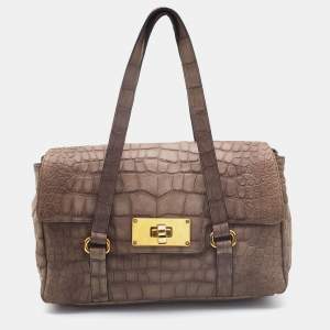 Emporio Armani Khaki Beige Croc Embossed Leather Satchel