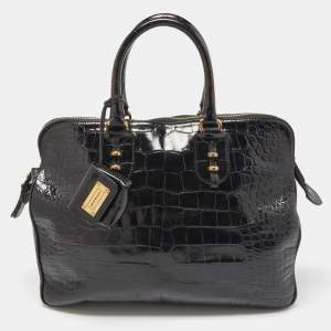 Emporio Armani Black Croc Embossed Leather Top Zip Satchel