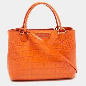 Pre Owned Emporio Armani Orange Croc Embossed Leather New Beverly Tote
