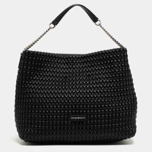 Emporio Armani Black Textured Faux Leather Chain Hobo