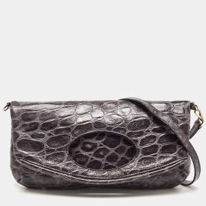 Emporio Armani Grey Croc Embossed Leather Foldover Shoulder Bag