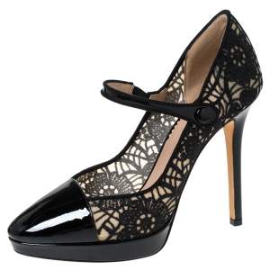Emporio Armani Black Patent Leather And Lace Mary Jane Platform Pumps Size 39