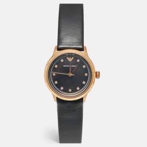Pre Owned Emporio Armani Black Mother Of Pearl Rose Gold Tone Stainless Steel Leather Classic AR1802 Women's Wristwatch 27 mm
