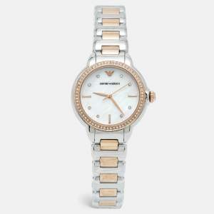 Pre Owned Emporio Armani MIa AR11569 Mother Of Pearl Dial Crystal Embellished Two-Tone Stainless Steel Women's Wristwatch 32 mm