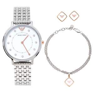 Emporio Armani White Stainless Steel Two-Hand AR80023 Wristwatch 32 mm Set With Earrings And Bracelet