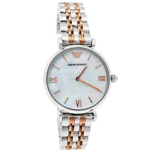 Pre Owned Emporio Armani Mother Of Pearl Two-Tone Stainless Steel Retro AR1987 Women's Wristwatch 32 mm