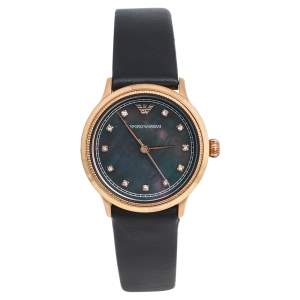 Emporio Armani Black Mother Of Pearl Rose Gold Tone Stainless Steel Leather Classic AR1802 Women's Wristwatch 27 mm