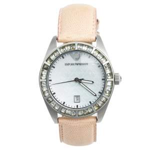 Pre Owned Emporio Armani Mother of Pearl Stainless Steel Leather AR-0543 Women's Wristwatch 38 mm