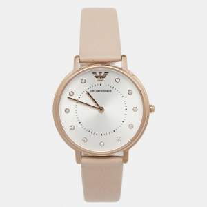 Pre Owned Emporio Armani Silver Rose Gold Plated Stainless Steel Leather AR2510 Women's Wristwatch 32 mm