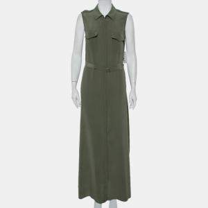 Equipment Military Green Silk Belted Sleeveless Maxi Shirt Dress M