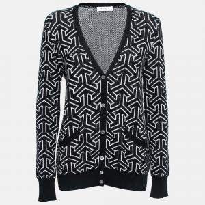 Equipment Femme Black and Ivory Cashmere Wool Jacquard Sullivan Cardigan M