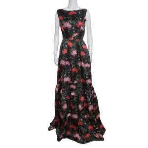 Erdem Green Floral Printed Silk Gazar Ruffled Bottom Alouette Gown M