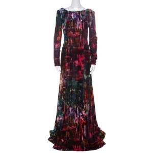 Erdem Multicolor Printed Velvet Slit Detail Daniella Gown S  