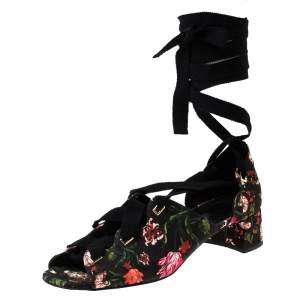 Erdem Black Floral Canvas Cut Out Lace Up Sandals Size 38