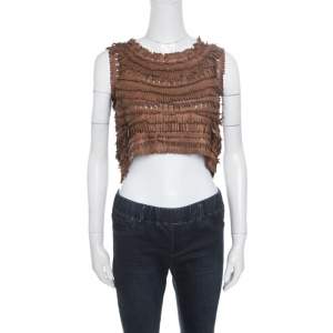 Ermanno Scervino Brown Leather Cutout Detail Fringed Top S