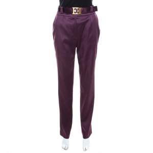 Escada Purple Stretch Satin Logo Belt Detail High Waist Tapered Trousers M
