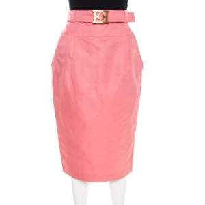 Escada Pink Slub Linen and Silk Logo Belt Detail High Waist Skirt M