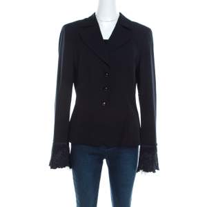 Escada Black Crepe Wool Embroidered Cuff Trim Button Front Blazer L