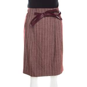 Escada Burgundy Herringbone Wool and Silk Knotted Leather Belt Detail Skirt XL