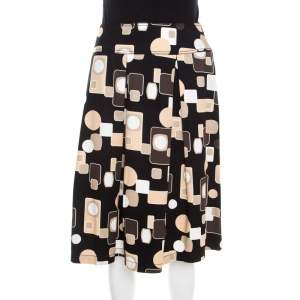 Escada Black Geometric Print Cotton Pleated Skirt L