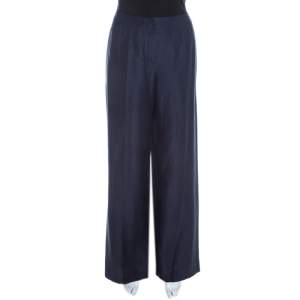 Escada Navy Blue Slub Silk and Linen High Waist Wide Leg Pants M