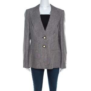 Escada Brown Basketweave Linen and Wool Faux Collar Tailored Blazer L